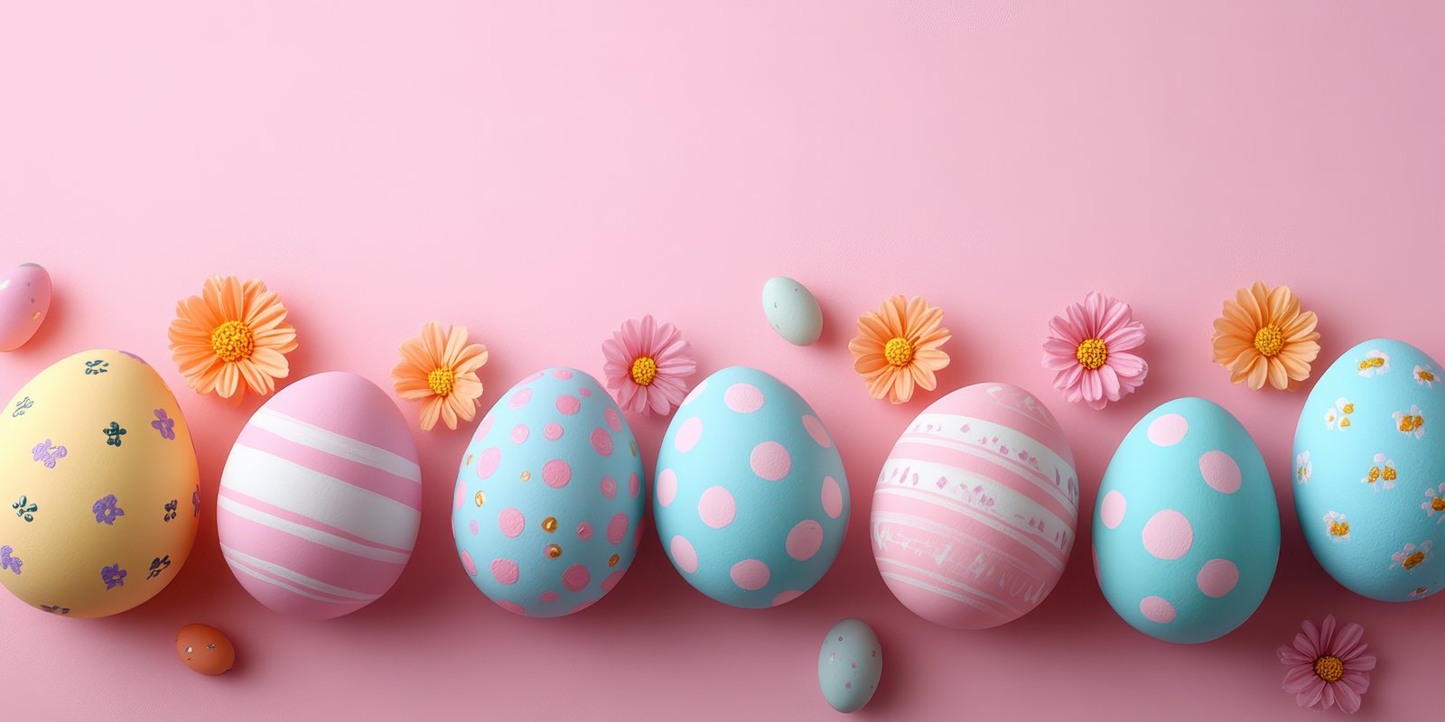 Colorful decorated Easter eggs in a spring-themed arrangement on a pastel pink background